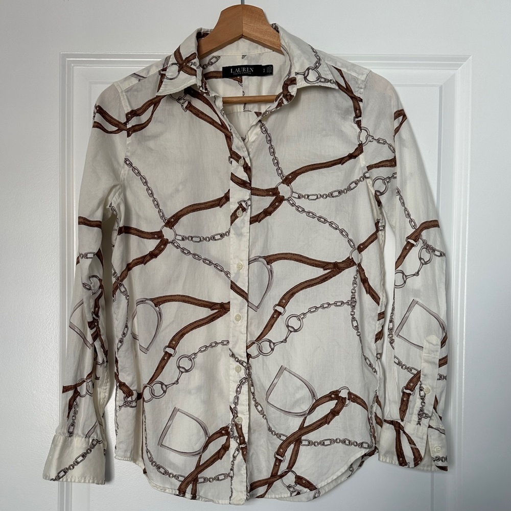 Lauren Ralph Lauren Cream and Brown Chain Print Women's Shirt
